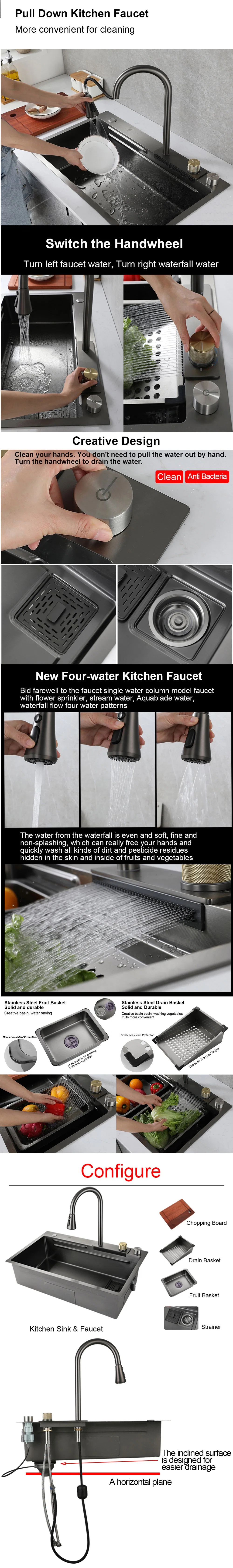 New Black Nanometer Handmade Raindance Sink Anti-Scratch Vegetable Kitchen Sink Above Mounted Waterfall Faucet